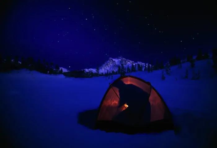 Framed Print : USA, Washington, Mount Baker, silhouette of man in tent on frozen lake Framed Print : USA, Washington, Mount Baker, silhouette of man in tent on frozen lake
