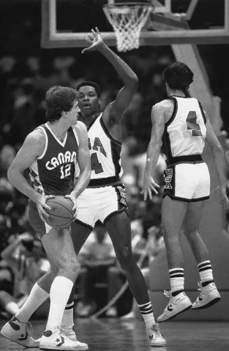 Framed Print : U.S.A.'s Steve Alford Attempts To Block Bill Wennington Of Canada Framed Print : U.S.A.'s Steve Alford Attempts To Block Bill Wennington Of Canada