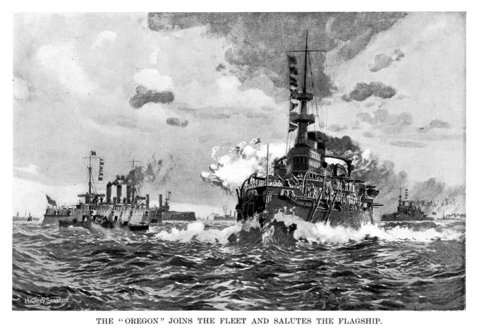Framed Print : The USS Oregon joins the fleet and salutes the flagship Framed Print : The USS Oregon joins the fleet and salutes the flagship