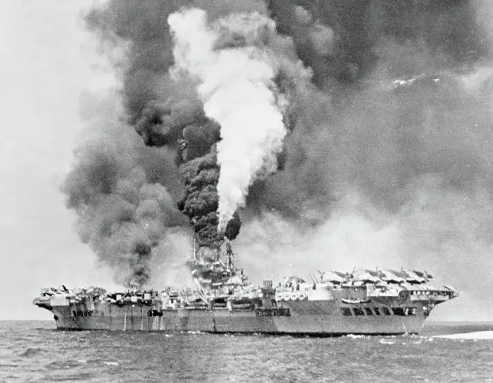 Framed Print : USS Ticonderoga under Kamikaze attack