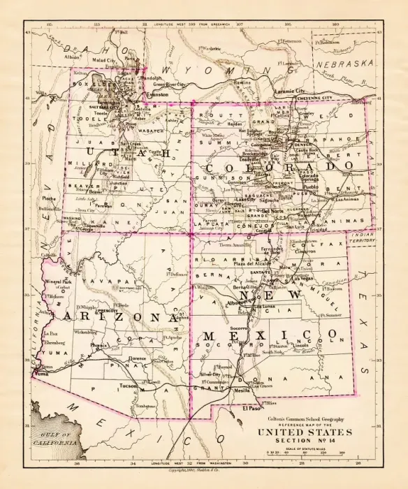Framed Print : Utah Arizona New Mexico Colorado map 1881 Framed Print : Utah Arizona New Mexico Colorado map 1881
