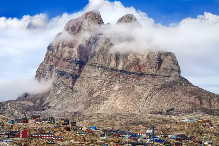 Framed Print : Uummannaq mountain (1170 m, 3839 ft. ) over fishing village, Uummannaq, Greenland