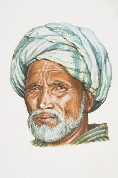 Uzbekistan, head of Uzbek man with white beard and moustache, wearing headscarf, front view