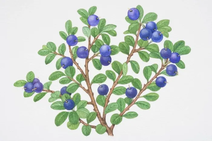 Framed Print : Vaccinium myrtillus, Bilberry, sprigs of blue berries with small green leaves