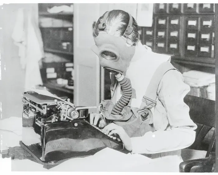 Framed Print : VAD Nurse Wearing Gas Mask While Typing Framed Print : VAD Nurse Wearing Gas Mask While Typing