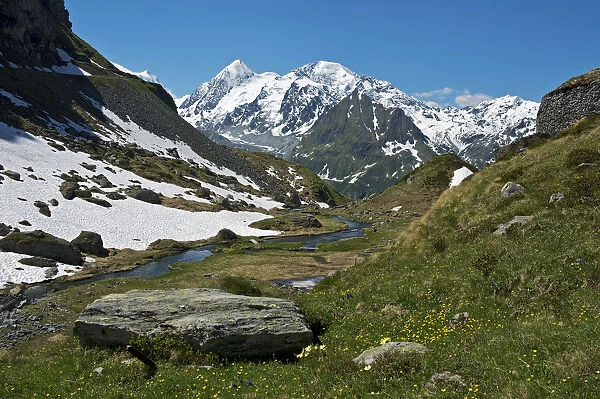 Valley with the Louvie stream in an alpine landscape with the peaks of Combin de Corbassiere Mountain, left, and Petit Combin Mountain, right, Val de Bagnes valley, Canton of Valais, Switzerland