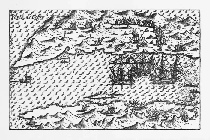 Framed Print : Van Noort at Porto Deseado Historical Map of 1598