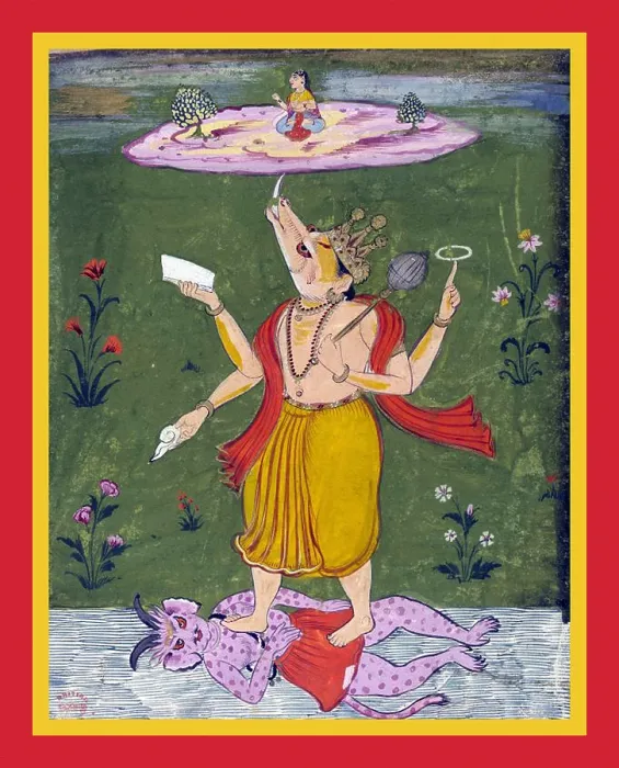 Framed Print : Varaha supporting Laksmi or Bhudevi on the earth by his tusk Framed Print : Varaha supporting Laksmi or Bhudevi on the earth by his tusk