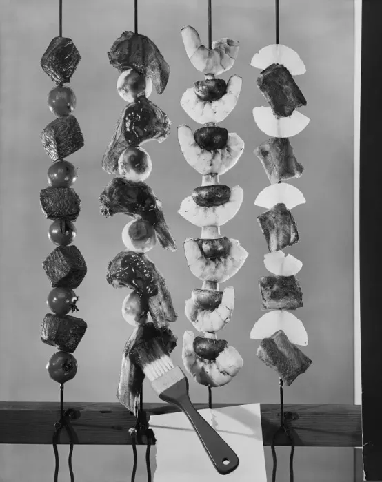 Framed Print : Variety of meat and fish skewers, close-up