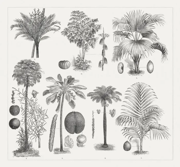 Framed Print : Varios palm trees, wood engravings, published around 1895 Framed Print : Varios palm trees, wood engravings, published around 1895
