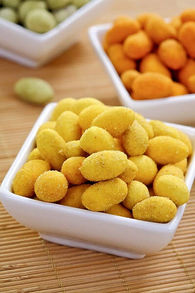 Various coated peanuts, curry, Wasabi and chili flavours