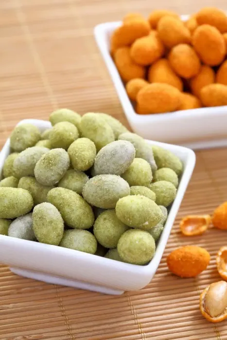 Framed Print : Various coated peanuts, Wasabi and chili flavours Framed Print : Various coated peanuts, Wasabi and chili flavours