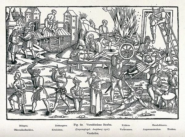 Various forms of mutilation and torture, including flagellation, decapitation, burning, hanging, drowning, quartering, cutting off of hands and ears and impaling on the rack