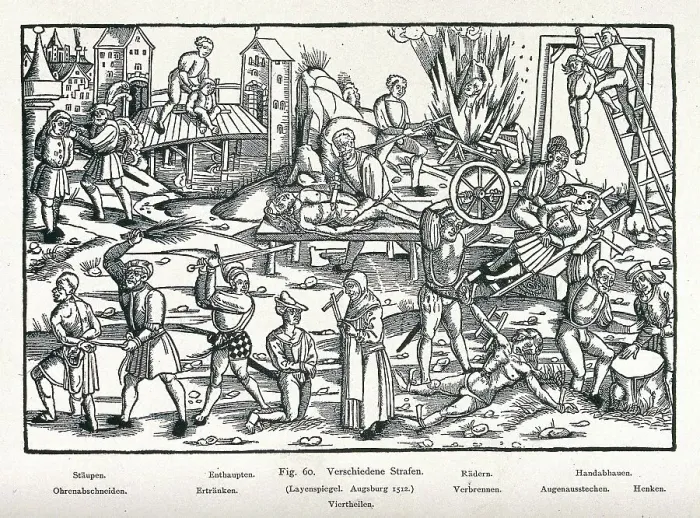 Framed Print : Various forms of mutilation and torture, including flagellation, decapitation, burning, hanging, drowning, quartering, cutting off of hands and ears and impaling on the rack Framed Print : Various forms of mutilation and torture, including flagellation, decapitation, burning, hanging, drowning, quartering, cutting off of hands and ears and impaling on the rack