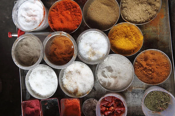 Various spices in the kitchen of a restaurant, Udumalaipettai, Tamil Nadu, Tamilnadu, South India, India, South Asia, Asia