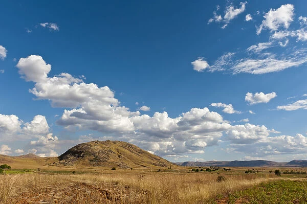 Vast arid landscape, blue sky with clouds, Isalo National Park near Ranohira, Madagascar