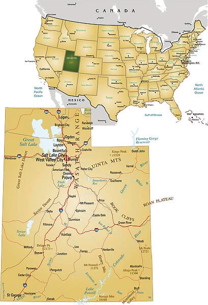Utah. Vector illustration of map of Utah with major roads, rivers and lakes