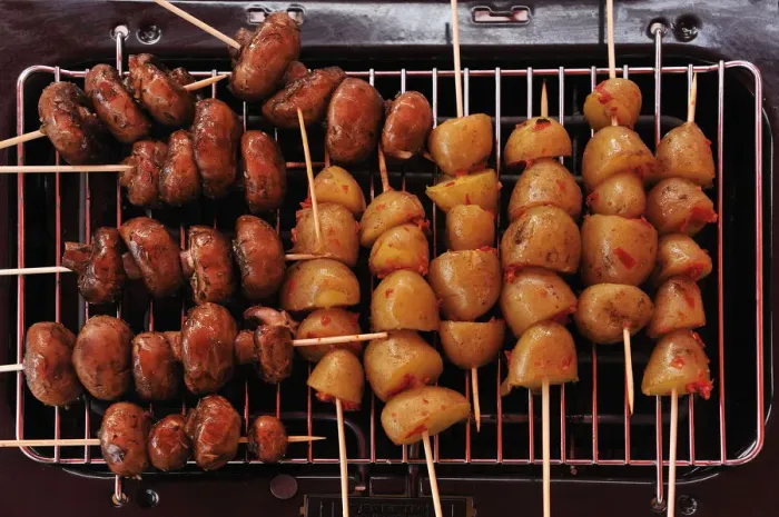 Framed Print : Vegetarian grilling, mushrooms and potato on skewers, Germany Framed Print : Vegetarian grilling, mushrooms and potato on skewers, Germany