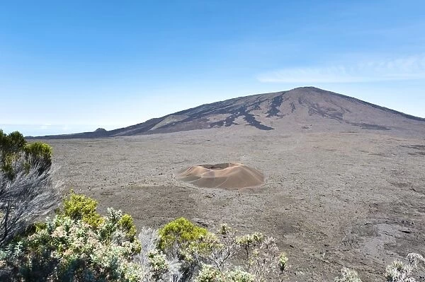 Vegetation in front of Formica Leo, a small ash crater in front of the Piton de la Fournaise volcano, seen from the Pas de Bellecombe mountain pass, Pas de Bellecombe, La Reunion, Reunion, France