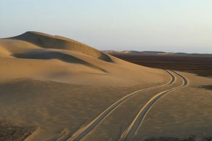 Framed Print : Vehicle Tracks on Desert Dunes