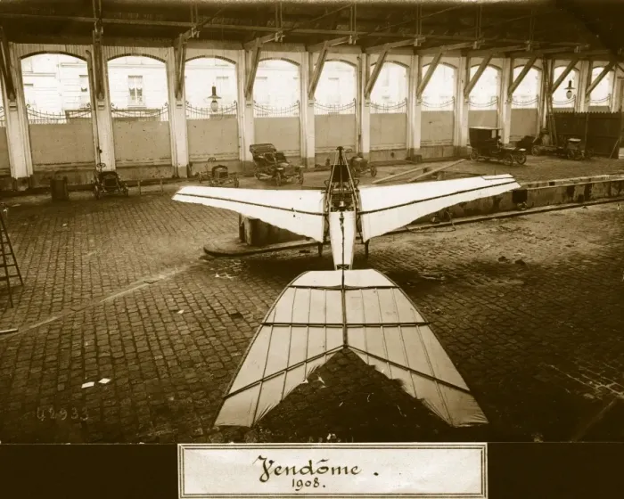 Framed Print : Vendome. A rear view of a Vendome monoplane in a converted stable garage