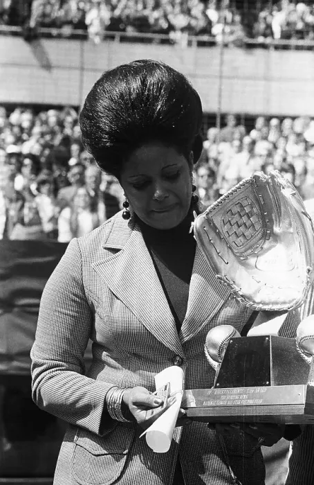 Framed Print : Vera Clemente Holding Gold Glove Award Framed Print : Vera Clemente Holding Gold Glove Award