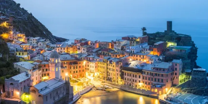 Framed Print : Vernazza, Cinque Terre, La Spezia, Liguria, Italy. Panoramic view of the village at dusk Framed Print : Vernazza, Cinque Terre, La Spezia, Liguria, Italy. Panoramic view of the village at dusk