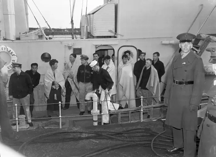 Framed Print : Vessel Captain and Squalus Survivors on Deck Framed Print : Vessel Captain and Squalus Survivors on Deck