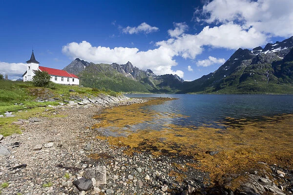 Vestpollen chapel in Austnesfjord, Lofoten Islands, Norway, Scandinavia, Europe, PublicGround