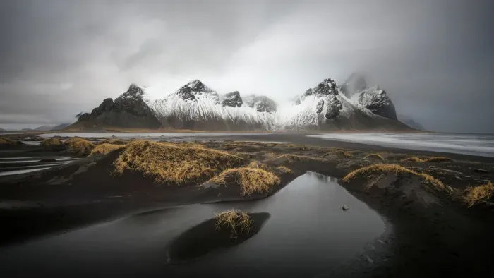 Framed Print : Vestrahorn mountain with black sand beach in the East of Iceland