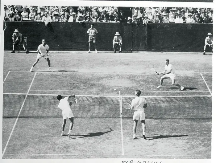 Framed Print : Vic Seixas and Tony Trabert Playing Tennis Against an Australian Team Framed Print : Vic Seixas and Tony Trabert Playing Tennis Against an Australian Team