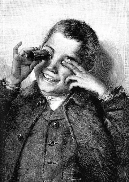 Framed Print : Victorian boy laughing as he looks through a kaleidescope