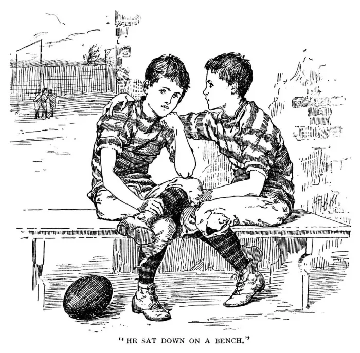 Framed Print : Two Victorian boys in rugby football kit talking on a bench Framed Print : Two Victorian boys in rugby football kit talking on a bench