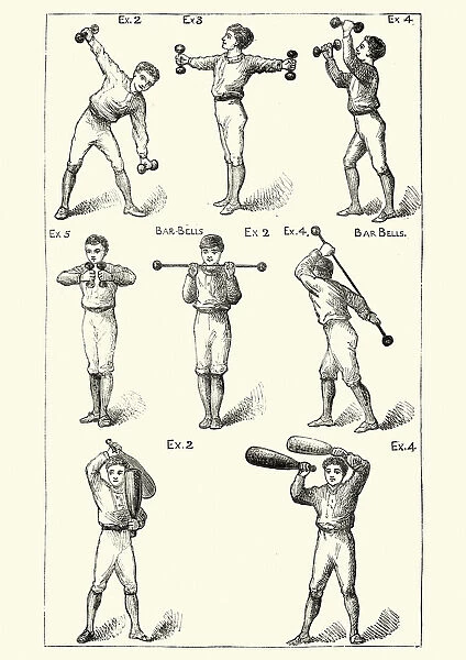 Victorian boys working out with dumbbells and weights