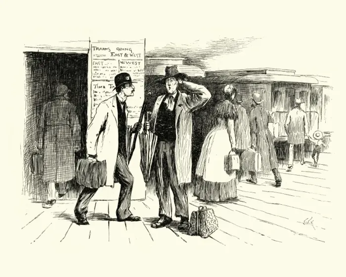 Framed Print : Victorian cartoon about confused railway passengers Framed Print : Victorian cartoon about confused railway passengers