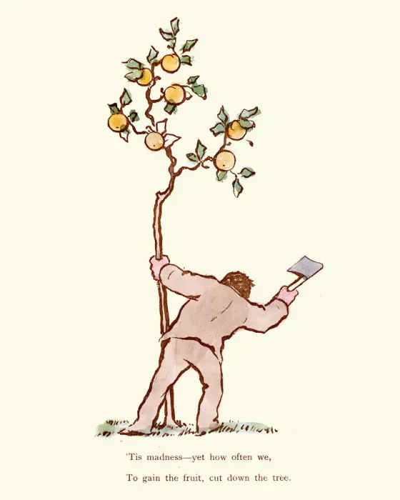 Framed Print : Victorian cartoon To gain the fruit, cut down the tree Framed Print : Victorian cartoon To gain the fruit, cut down the tree