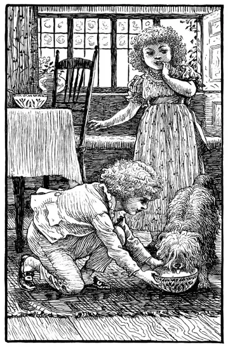 Framed Print : Victorian children feeding a dog