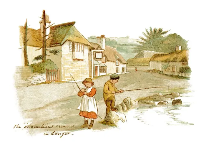 Framed Print : Two Victorian children fishing in a village duck pond Framed Print : Two Victorian children fishing in a village duck pond