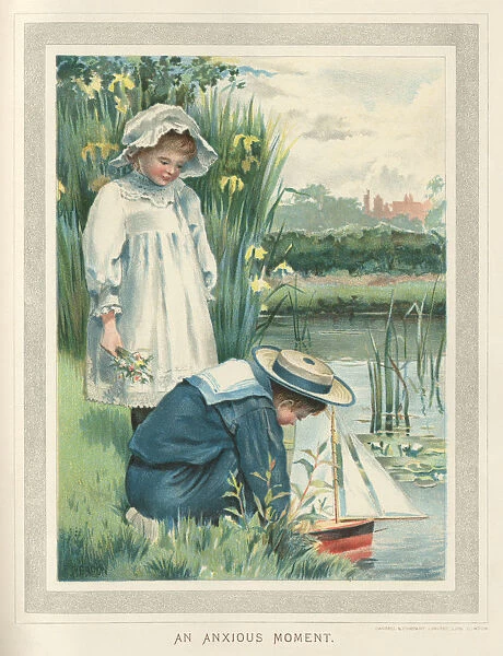 Victorian children launching a toy yacht in a pond