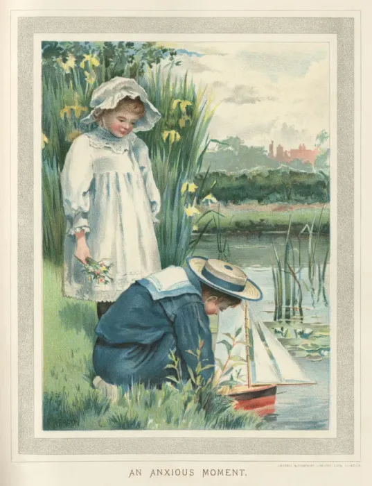 Framed Print : Victorian children launching a toy yacht in a pond