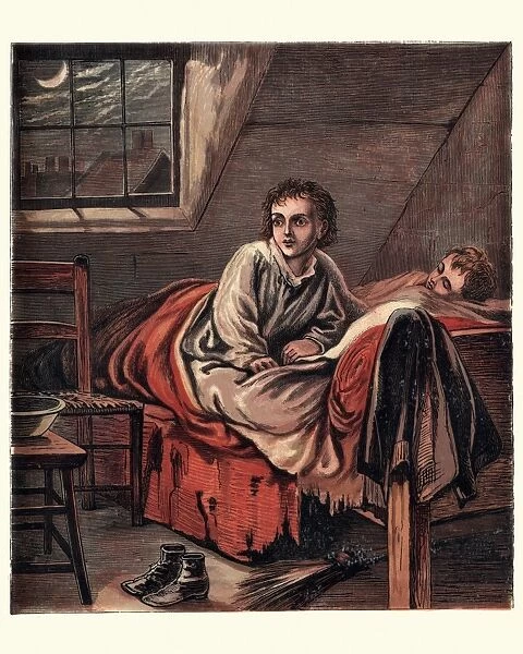 Victorian children sleeping in a attic room, 1870