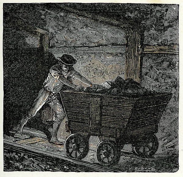 Victorian coal miner pushing a minecart