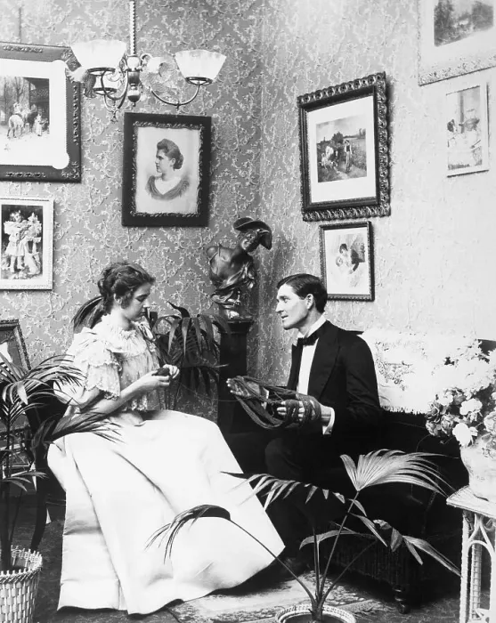 Framed Print : Victorian Couple Alone Knitting Framed Print : Victorian Couple Alone Knitting