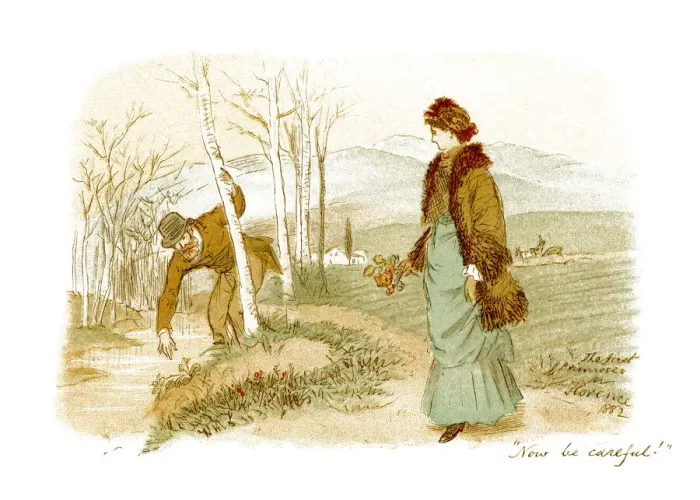 Framed Print : Victorian couple picking primroses in Italy