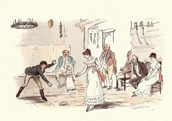 Victorian family at christmas playing game of Turn the Trencher