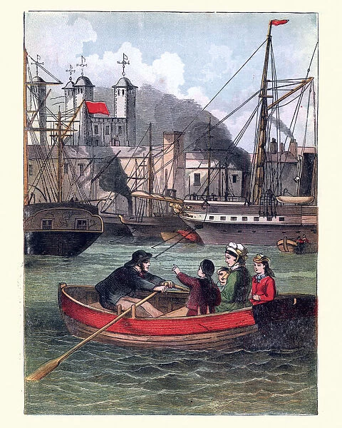 Victorian family being rowed across the Thames to Tower of London