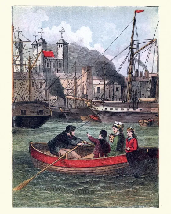 Framed Print : Victorian family being rowed across the Thames to Tower of London Framed Print : Victorian family being rowed across the Thames to Tower of London