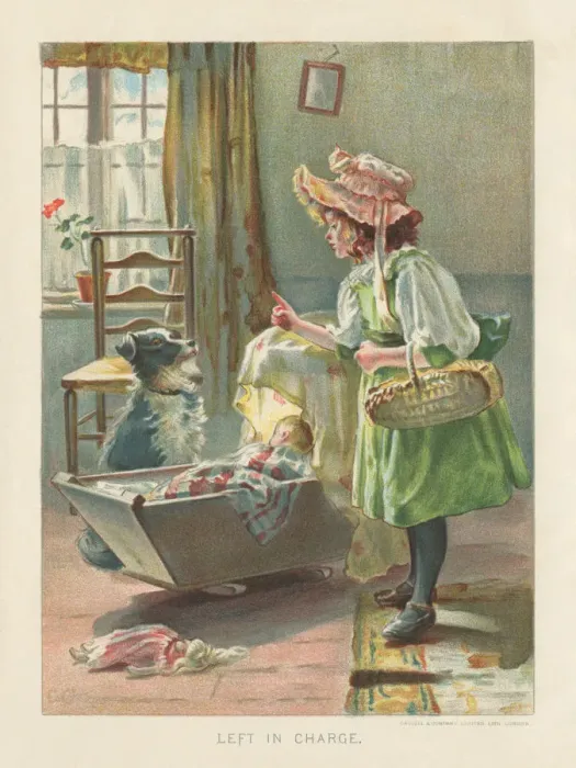 Framed Print : Victorian girl minding a baby and a dog Framed Print : Victorian girl minding a baby and a dog