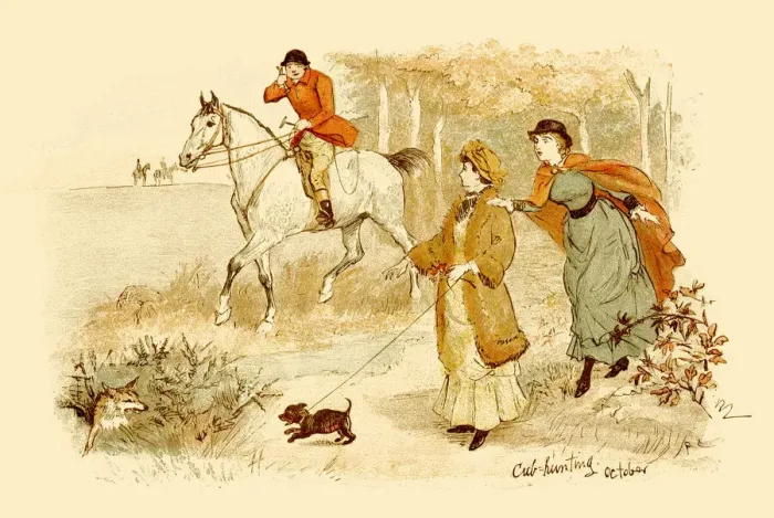 Framed Print : Two Victorian ladies encountering a huntsman on his horse Framed Print : Two Victorian ladies encountering a huntsman on his horse
