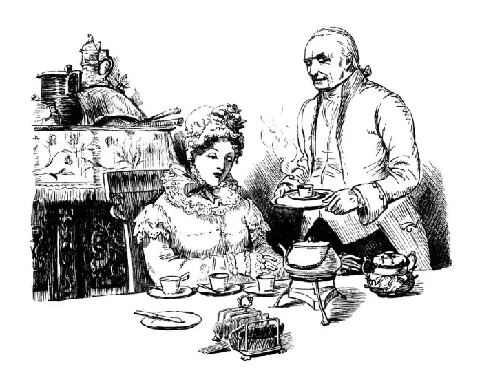 Framed Print : Victorian lady being served breakfast by a footman Framed Print : Victorian lady being served breakfast by a footman